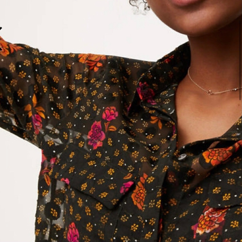 Loft Sheer Floral Button Collared Petite Blouse - image 3